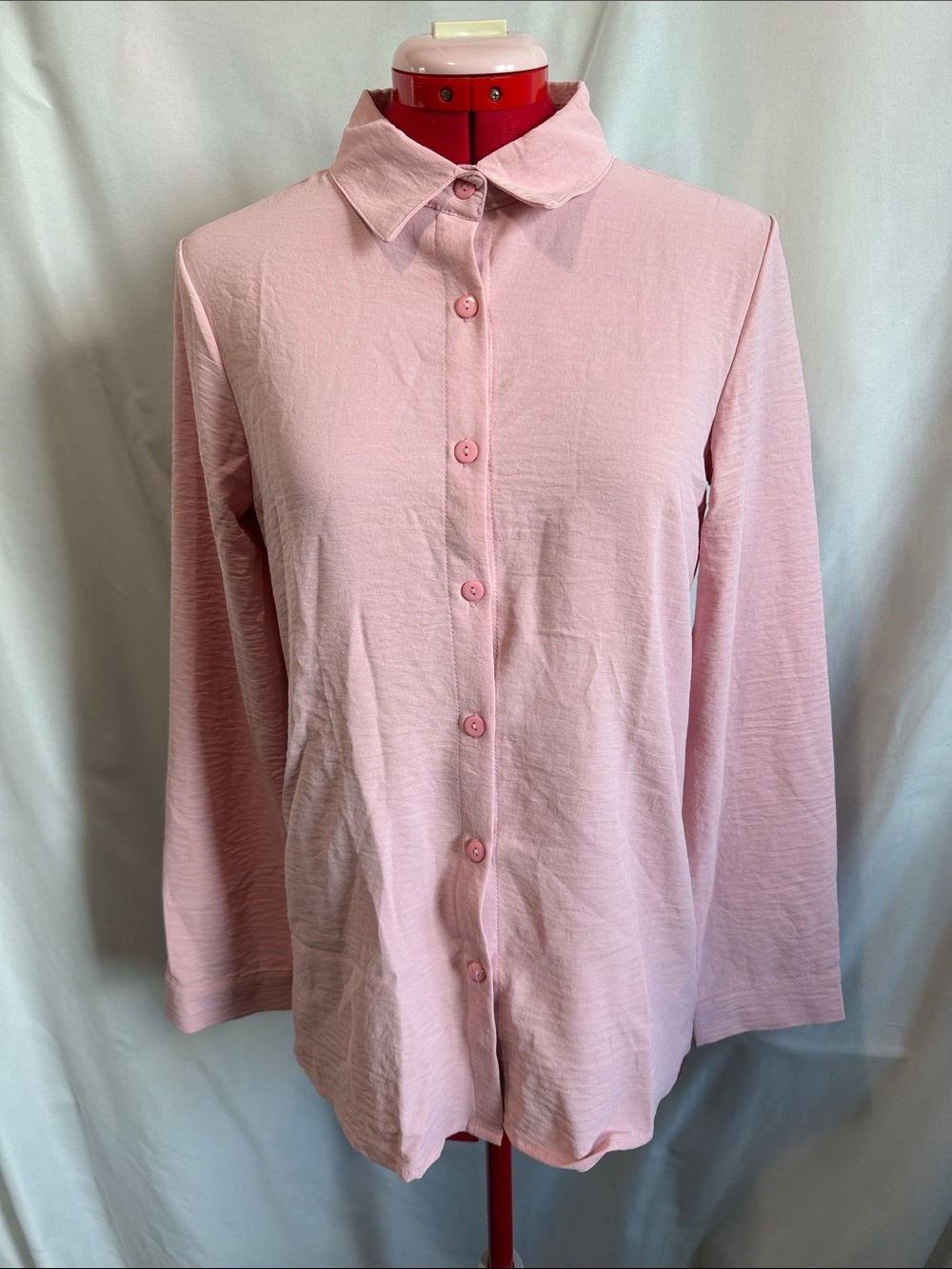 Women's Light Pink Button-Down Shirt - Soft Collared Long Sleeve